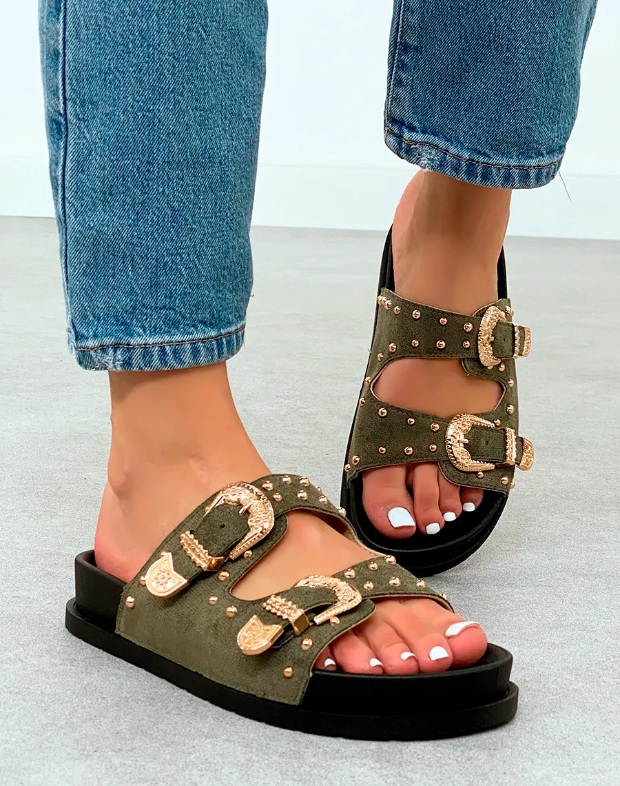 Mules Vert Kaki en Suédine avec Double Sangle Cloutée  Audace Tendance